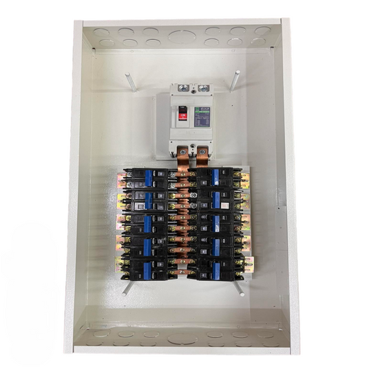 Koten and Taiyou 200A panel board for industrial use with multiple circuit breakers inside metal enclosure