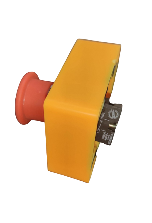 Auspicious emergency push button with enclosure in yellow casing and red button for safety control