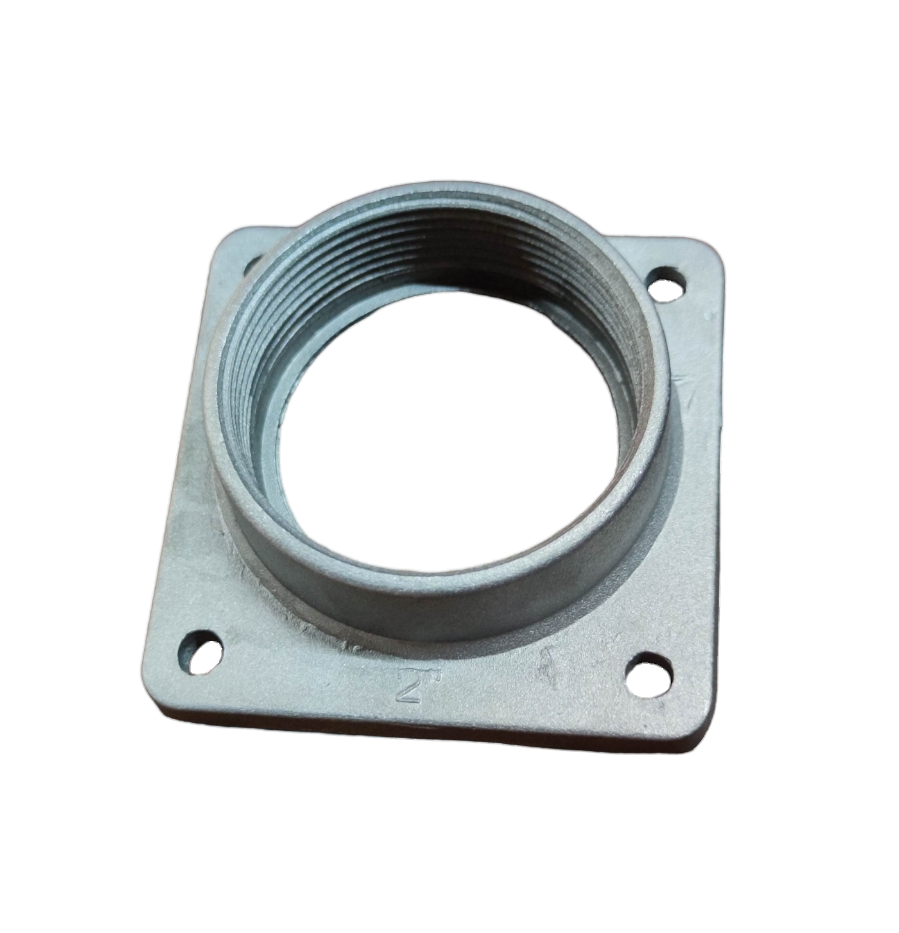 Silver metal square flange with threaded circular opening and four bolt holes Meter Base Hub 2 Inches for electrical conduit
