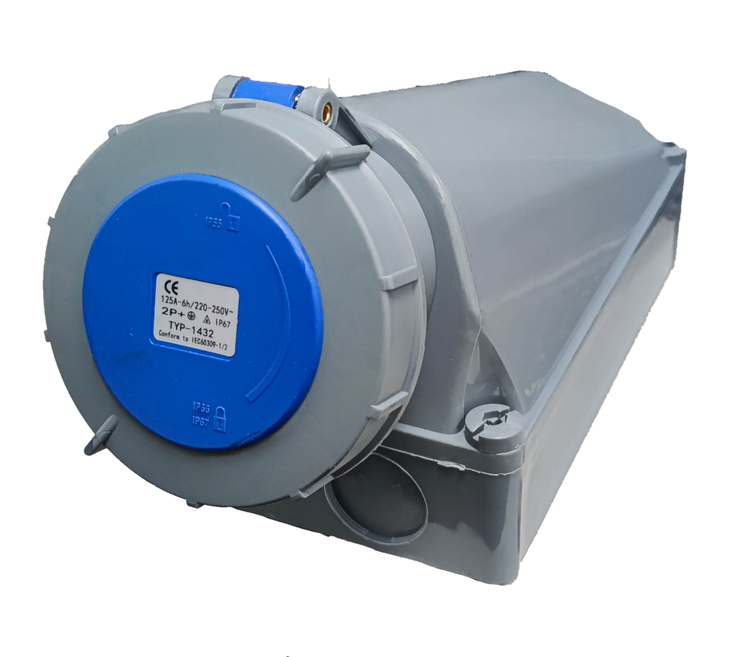 Grippes industrial outlet 220v 125 amp 3 Pins in a gray weatherproof casing for industrial use