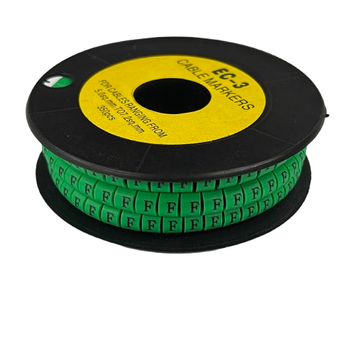 Spool of green cable markers with repeating F labels Cable "F" Marker 5.0mm to 7.2mm Green for wire identification