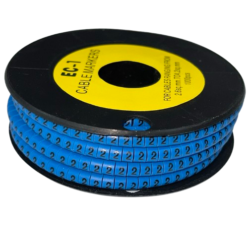 Spool of blue numeric cable markers with repeating 2 labels on a black reel Cable Marker 2 Blue