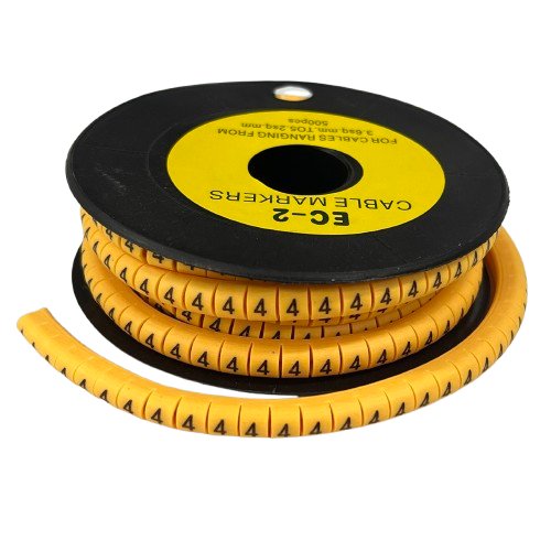 Grippes cable management spool of numeric markers showing repeated 4s Cable Marker 4 - Yellow for wiring identification