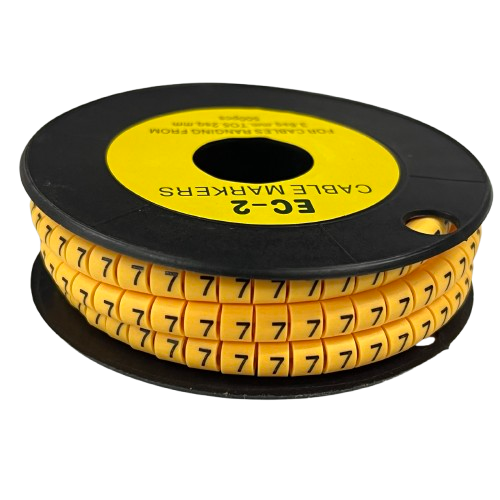 Grippes Cable Marker 7 Yellow spool showing flexible yellow numbered cable management markers with repeated 7s