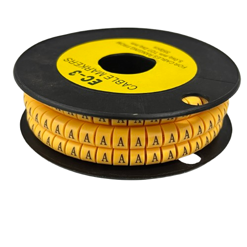 Spool of yellow letter A cable markers on black reel ideal for cable labeling Cable Marker - A Yellow