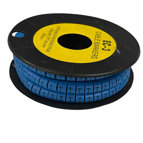Grippes cable management spool of Cable Marker Blue - T. segmented letter T markers on black reel