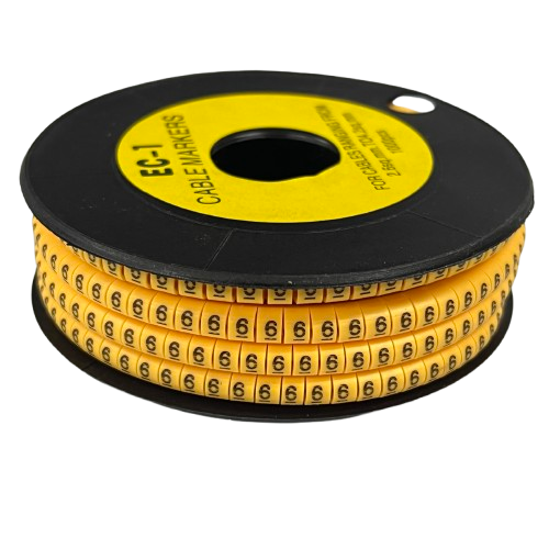 Spool of yellow cable marker beads labeled 6 for wire identification Cable Marker Yellow 6 ideal for electrical and networking