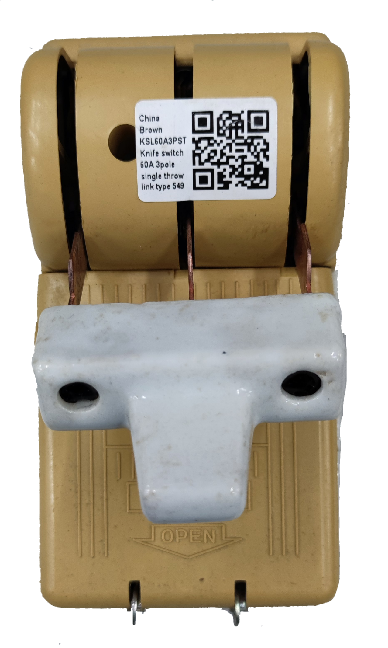 Taiyou Knife Switch 60A 3 Pole 3 Phase Single Throw with ceramic handle and beige base