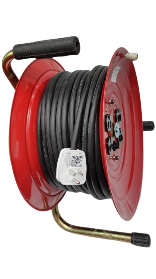 Red industrial drum extension cord reel with black heavy-duty cable and white plug