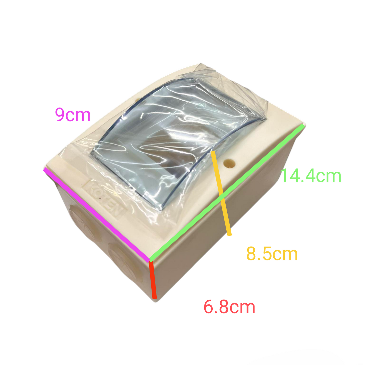 Koten 2 Ways PVC Nema 1 for Miniature electrical circuitry part with clear cover and labeled dimensions
