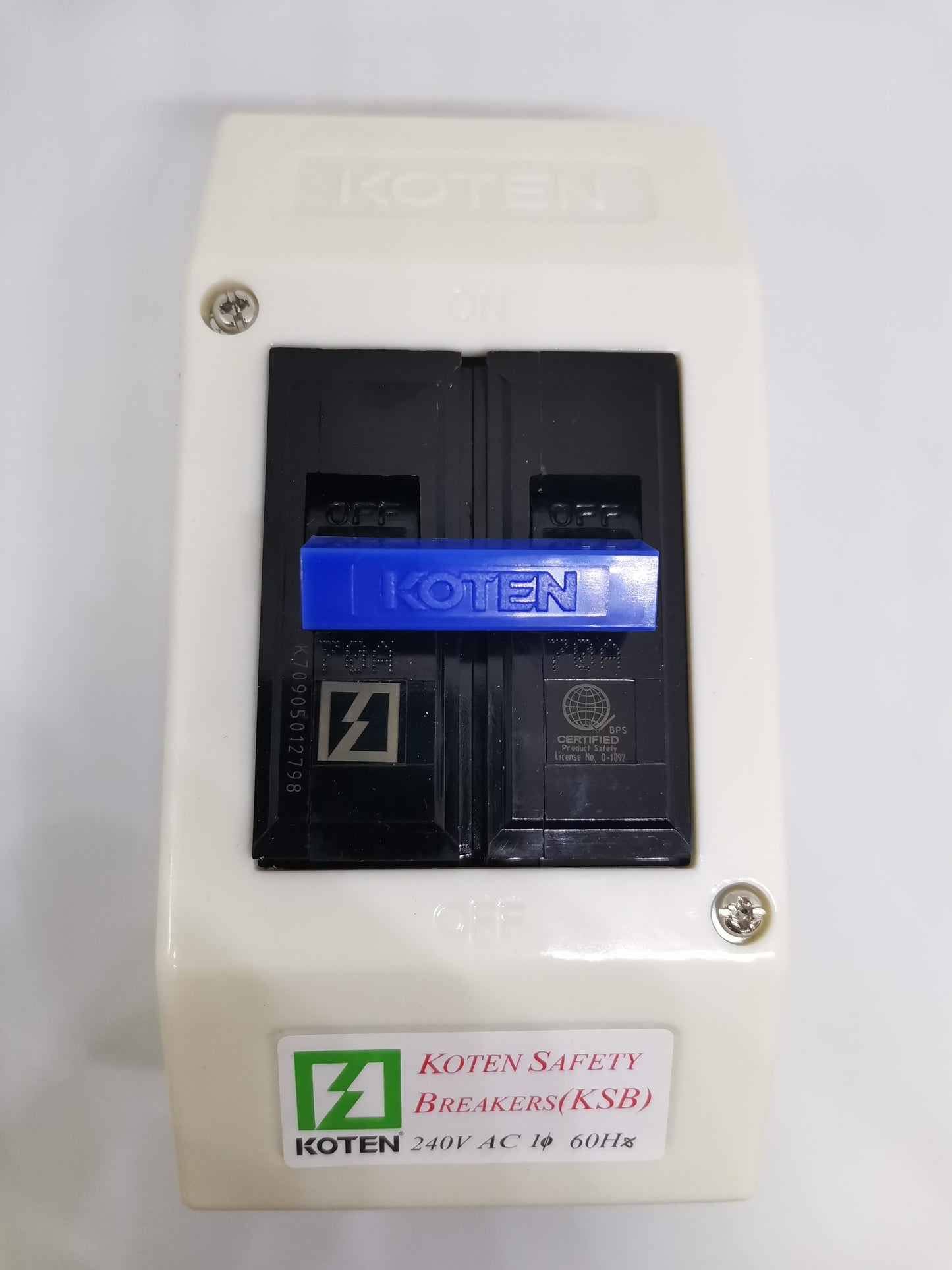 Koten 70A Breaker with Enclosure 2 Pole white plastic box with blue KOTEN handle and label