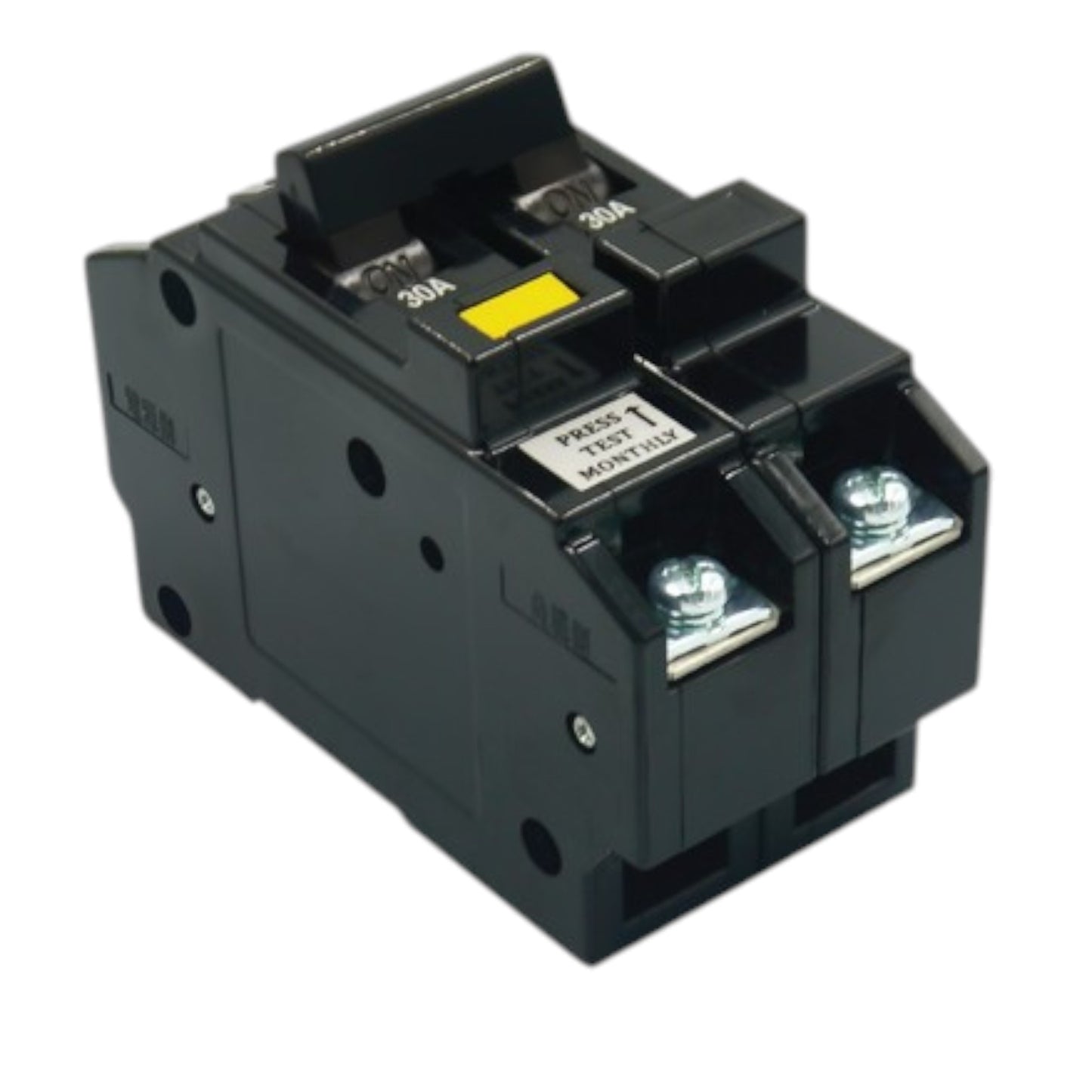 Koten RCBO 30A bolt-on breaker. Black double pole circuit breaker with bolt terminals and yellow test button
