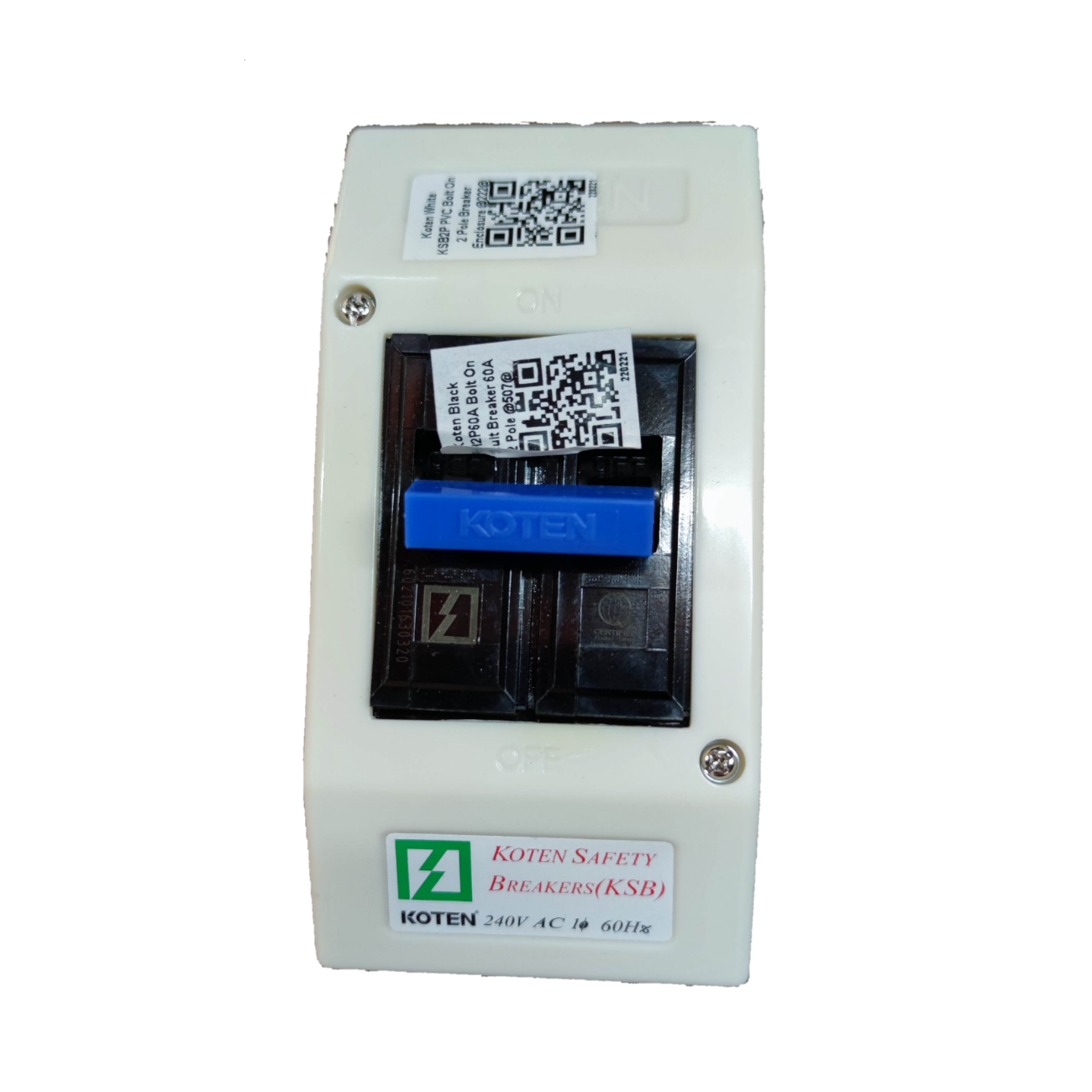 KSB 60A Circuit Breaker with PVC Enclosure. Koten single pole white PVC housing with blue toggle and safety label