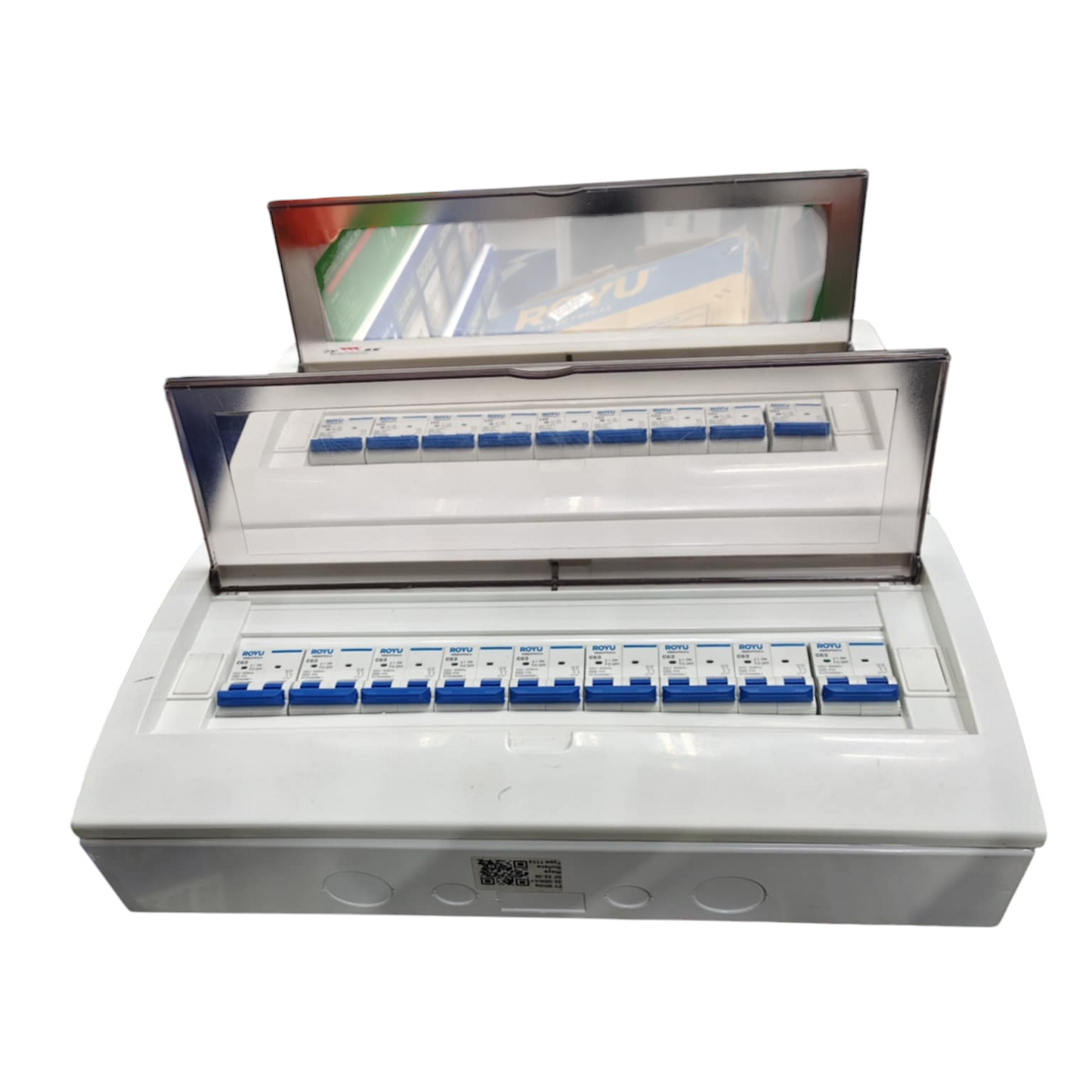 Royu and ZY 17 branch 2 pole MCB panel white distribution box with transparent hinged cover and blue breakers