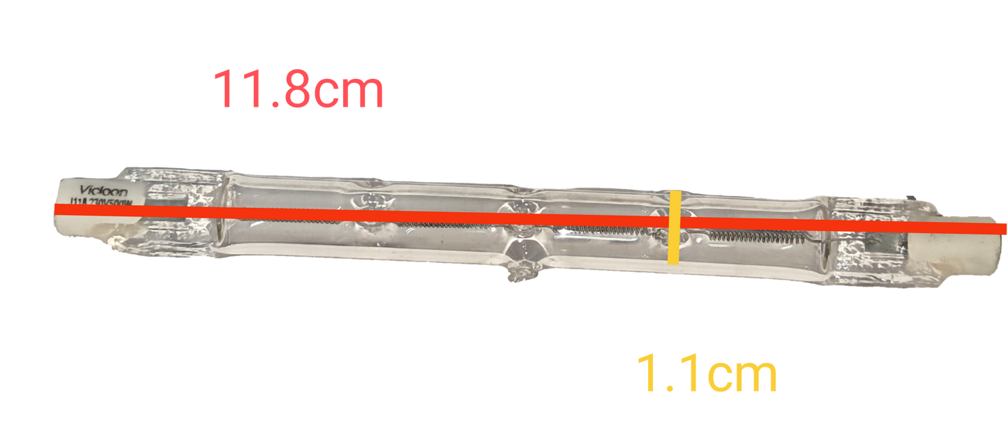 Vicloon Linear Halogen Bulb 500W 220V clear glass tube with visible filament measuring 11.8 cm long