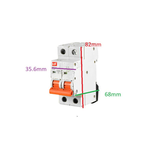 LS 16A miniature circuit breaker with dimensions showing 82mm height and 68mm width
