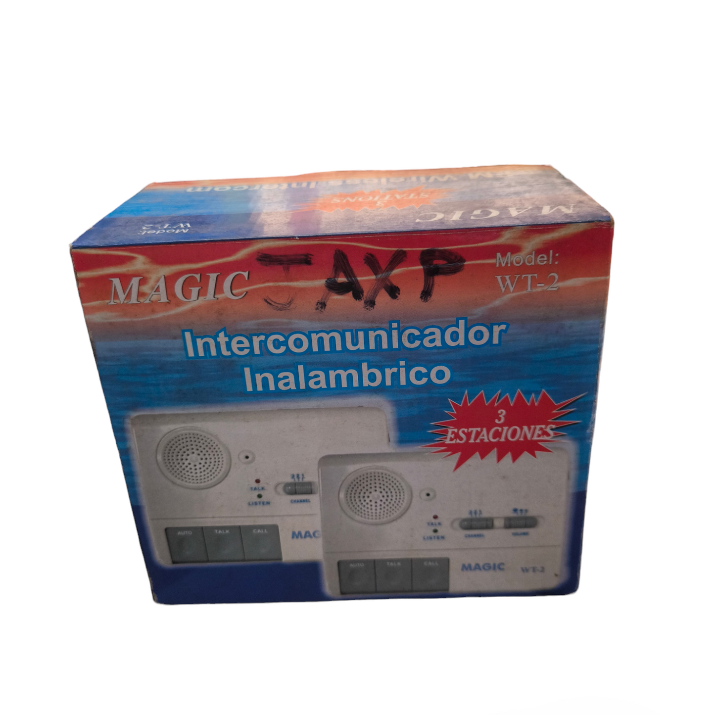 Magic FM WT-2 wireless intercom system box showing two white intercom units for communication