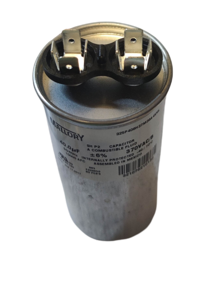 Mallory 40uF 370VAC capacitor with metal casing and dual terminals for electrical applications