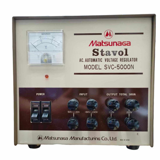5000W AVR 220V Stavol Matsunaga AC automatic voltage regulator model SVC-5000N with power switches and voltage dials
