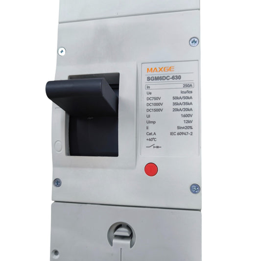 Maxge 250A 2Pole Industrial Circuit Breaker with black switch and detailed electrical specifications