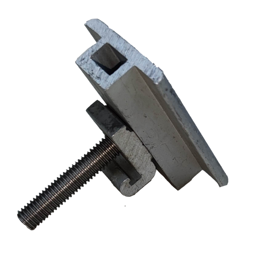 Middle clamp for solar panel bracket made of durable aluminum with a threaded bolt for secure installation