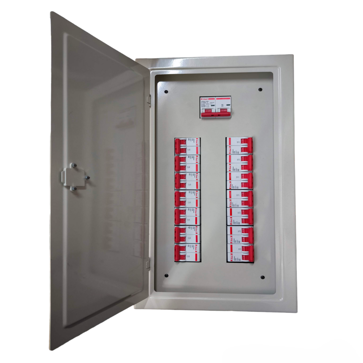 Himel miniature circuit breaker panel board with multiple red circuit breakers inside a metal enclosure