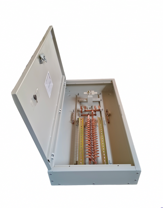 Royu MTS Main MCCB 125AF 2pole Panel Board electrical circuitry with open metal enclosure