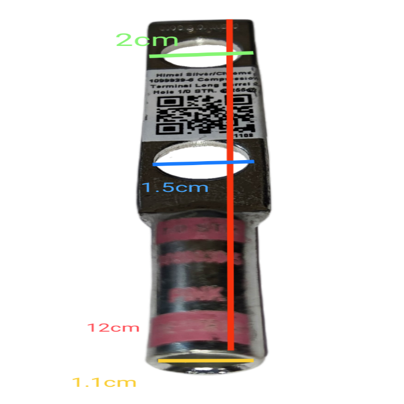 Utilux Terminal Lugs Compression Type Long Barrel silver crimp lug with red insulated sleeve and QR label