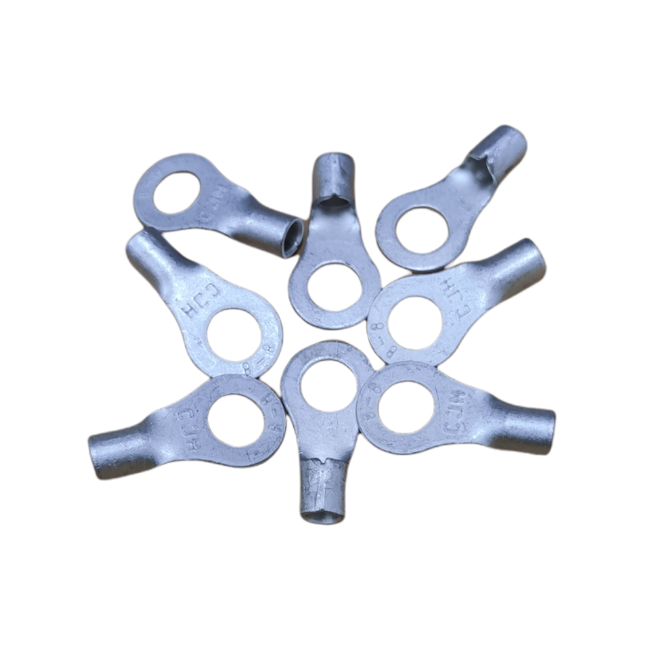 Pack of non-insulated round terminal lugs 8mm in silver with durable metal construction for electrical connections