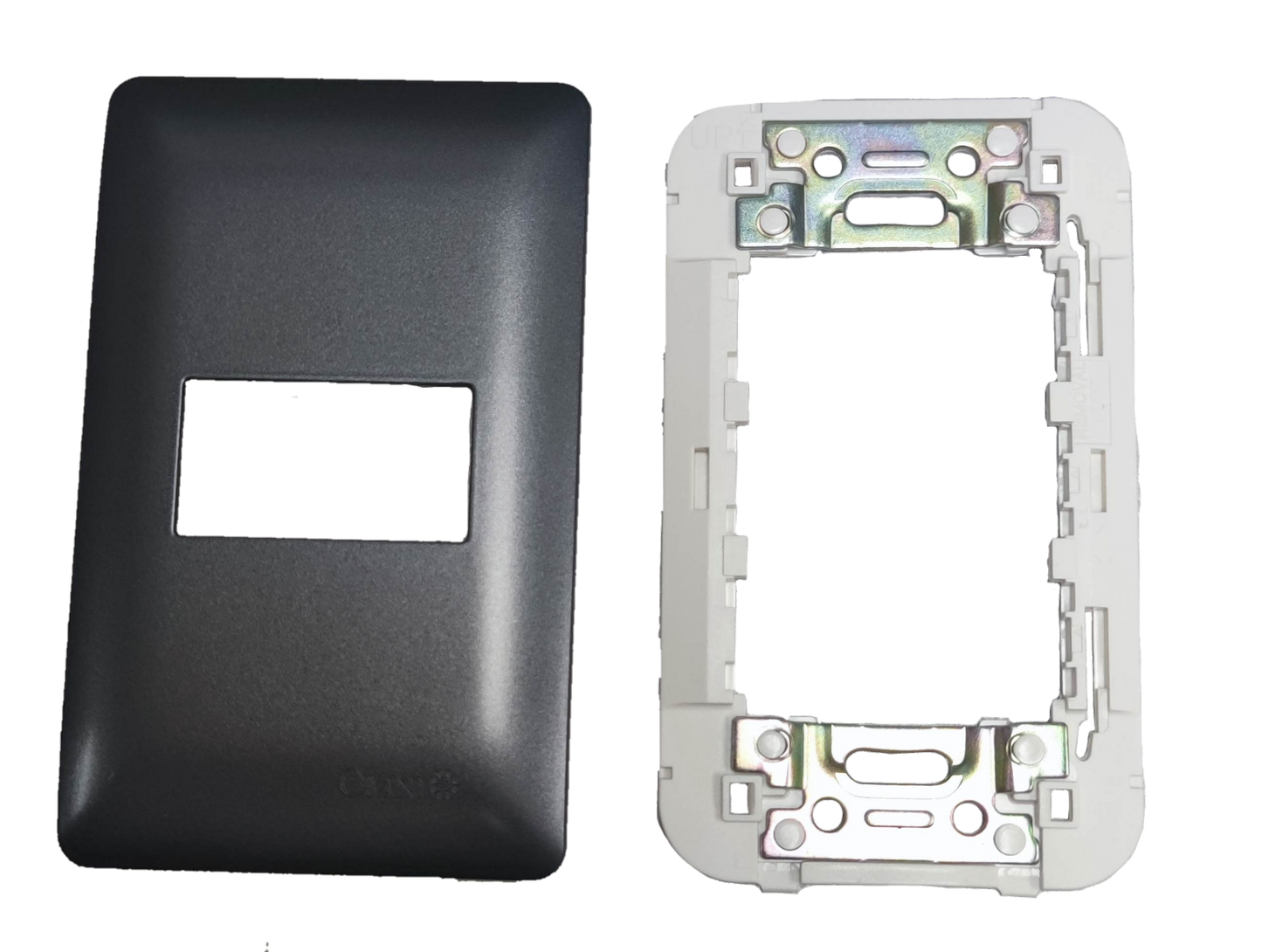 Omni 1 Gang Plate Graphite Series DWP-110G single gang graphite wall plate with white mounting frame and metal brackets
