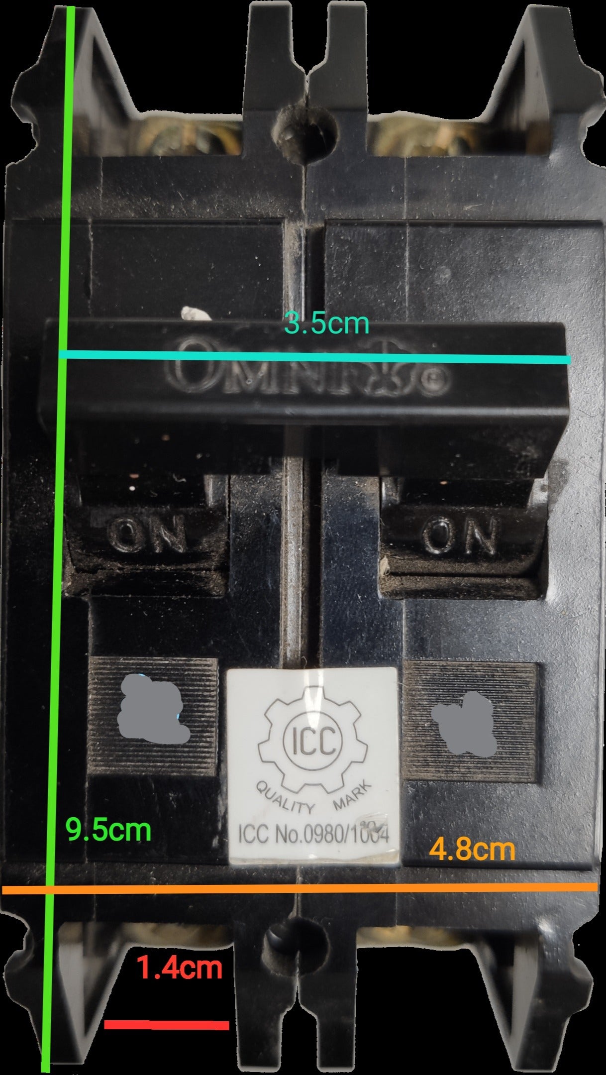2 pole bolt-on circuit breaker 15A Omni with clear ON/OFF indicators and detailed dimensions