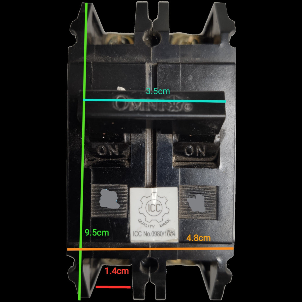 2 pole bolt-on circuit breaker 15A Omni with clear ON/OFF indicators and detailed dimensions
