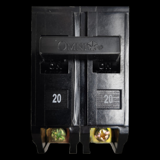 Close-up of Omni 20A circuit breaker 2 pole Plug in with clear labeling and connector terminals