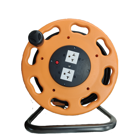 Omni 25 meter extension cord wheel in orange with dual power outlets and sturdy carrying handle