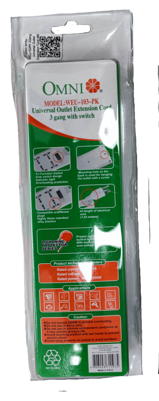 Omni 3 gang universal power strip 6 feet with switch and universal outlet extension cord in packaging