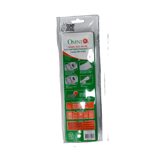 Omni 3 gang universal power strip 6 feet with switch and universal outlet extension cord in packaging