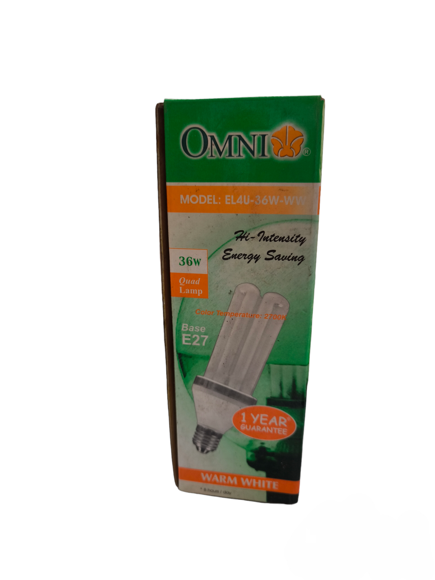 Omni 36W CFL lamp warm white in packaging with energy-saving and 1 year guarantee labels