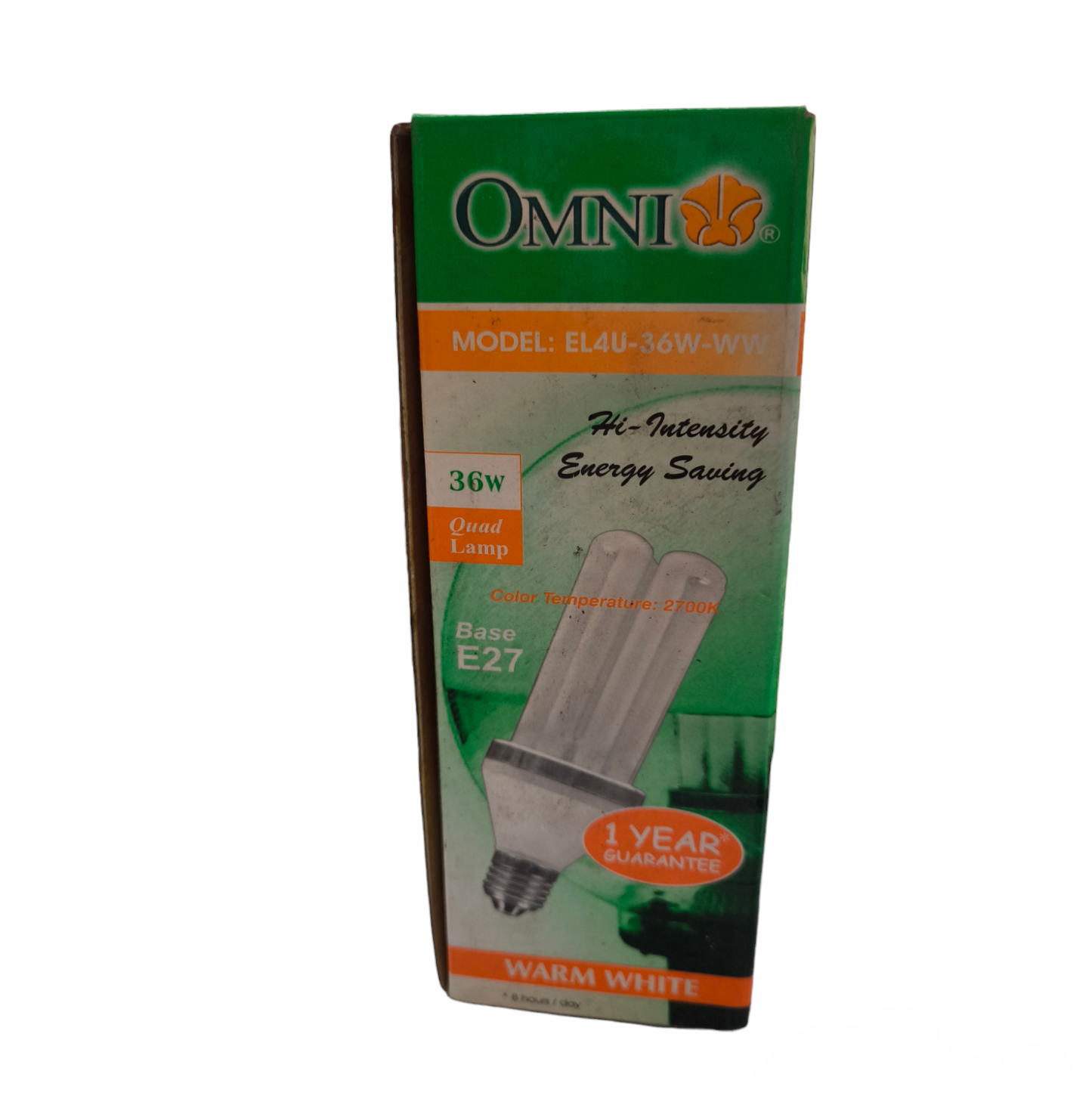 Omni 36W CFL lamp warm white in packaging with energy-saving and 1 year guarantee labels