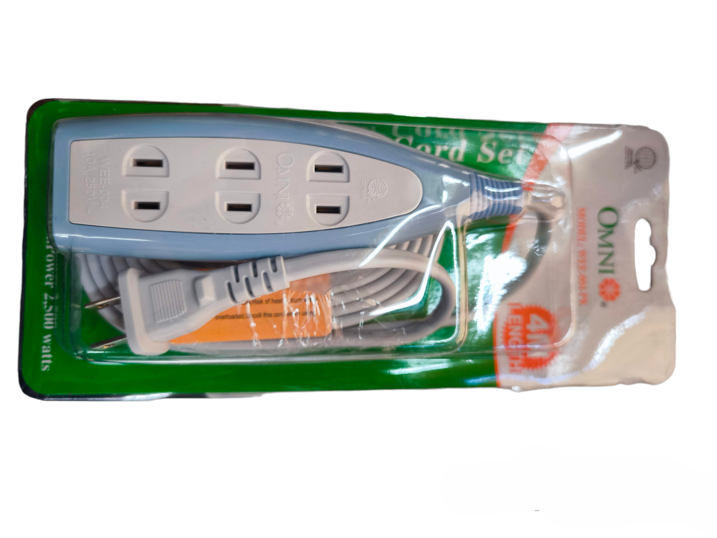 Omni 4 gang extension outlet power strip with three-prong plug and white cord in retail packaging