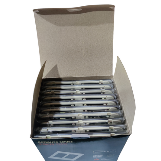Box containing multiple Omni 6 Gang Plate Cover Graphite power point switch covers neatly packed