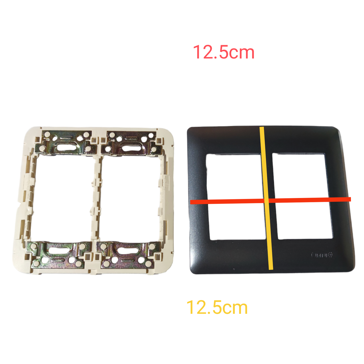 Omni 6 Gang Plate Cover Graphite shown with metal frame measuring 12.5 cm square