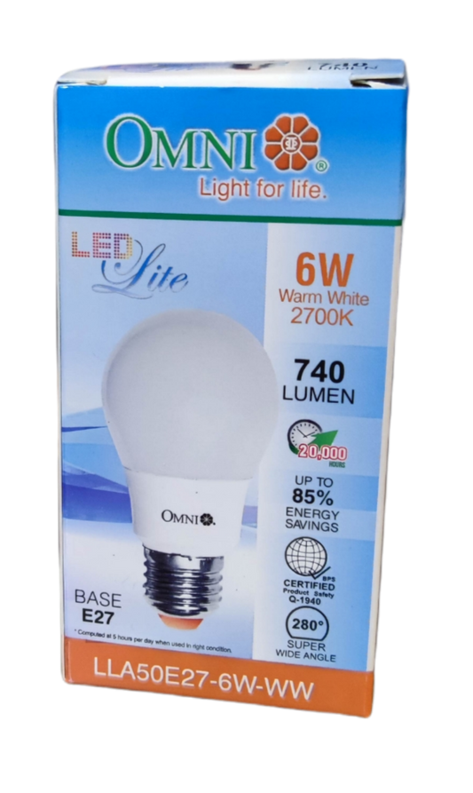 Omni 6W LED bulb E27 with warm white light, 740 lumens, and energy-saving features