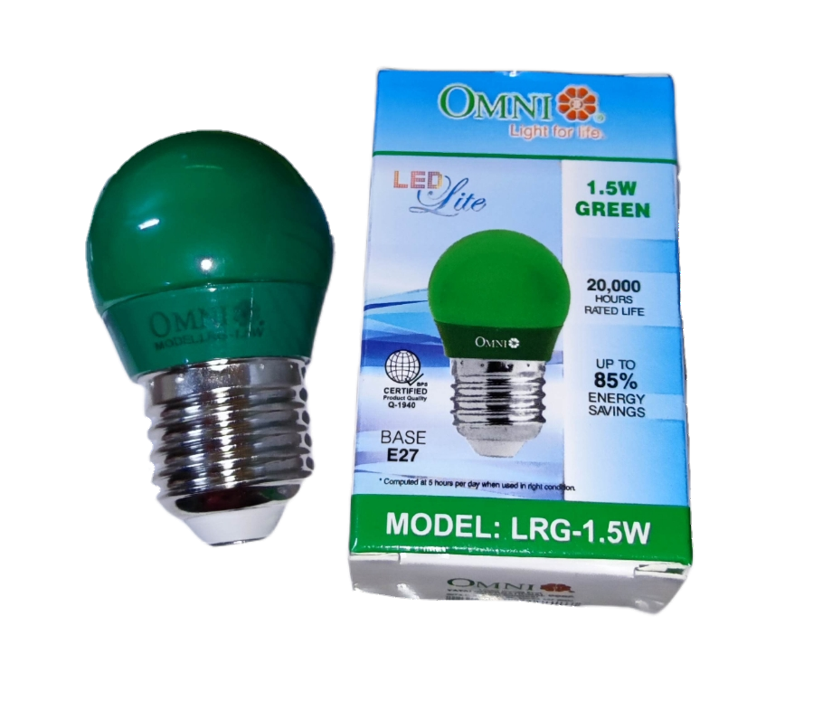 Omni Colored Round Bulb LED E27 220V in Green with 1.5W Power and 20,000 Hours Lifespan
