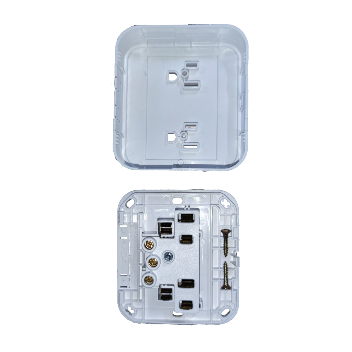 Omni electrical outlet surface type white power point showing front and back with mounting screws