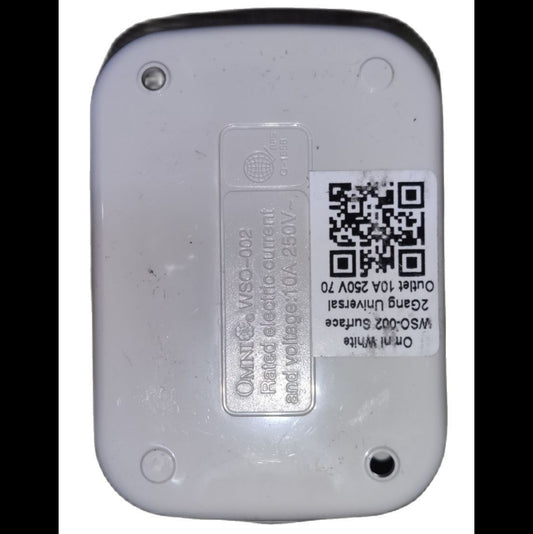 Omni extension outlet 2 gang white power adapter with QR code and electrical rating label