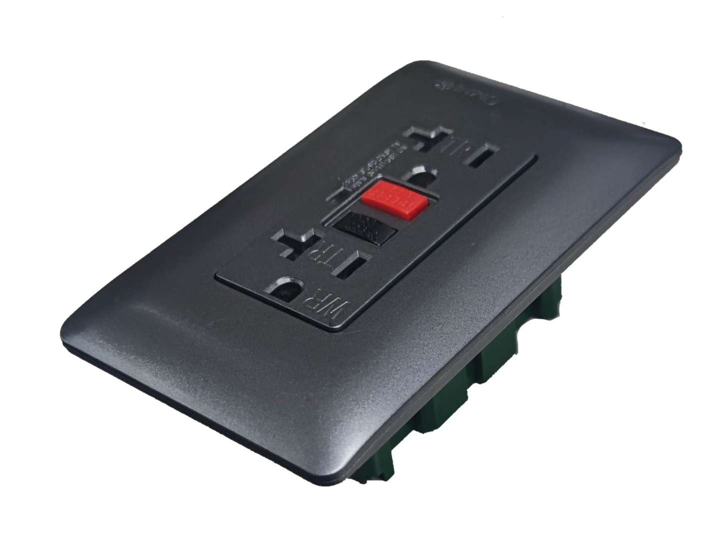 Omni GFCI 2 gang outlet 220V in sleek black design with reset button for safety