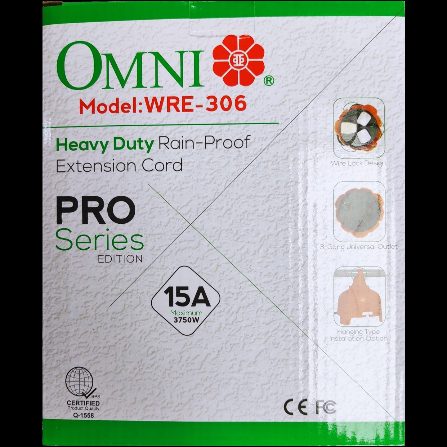 Omni heavy duty rain-proof extension cord WRE-306 model packaging with 15A maximum power rating