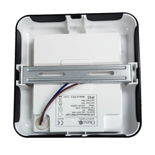 Back view of Omni IP65 outdoor LED wall lamp 2700K showing installation components and wiring