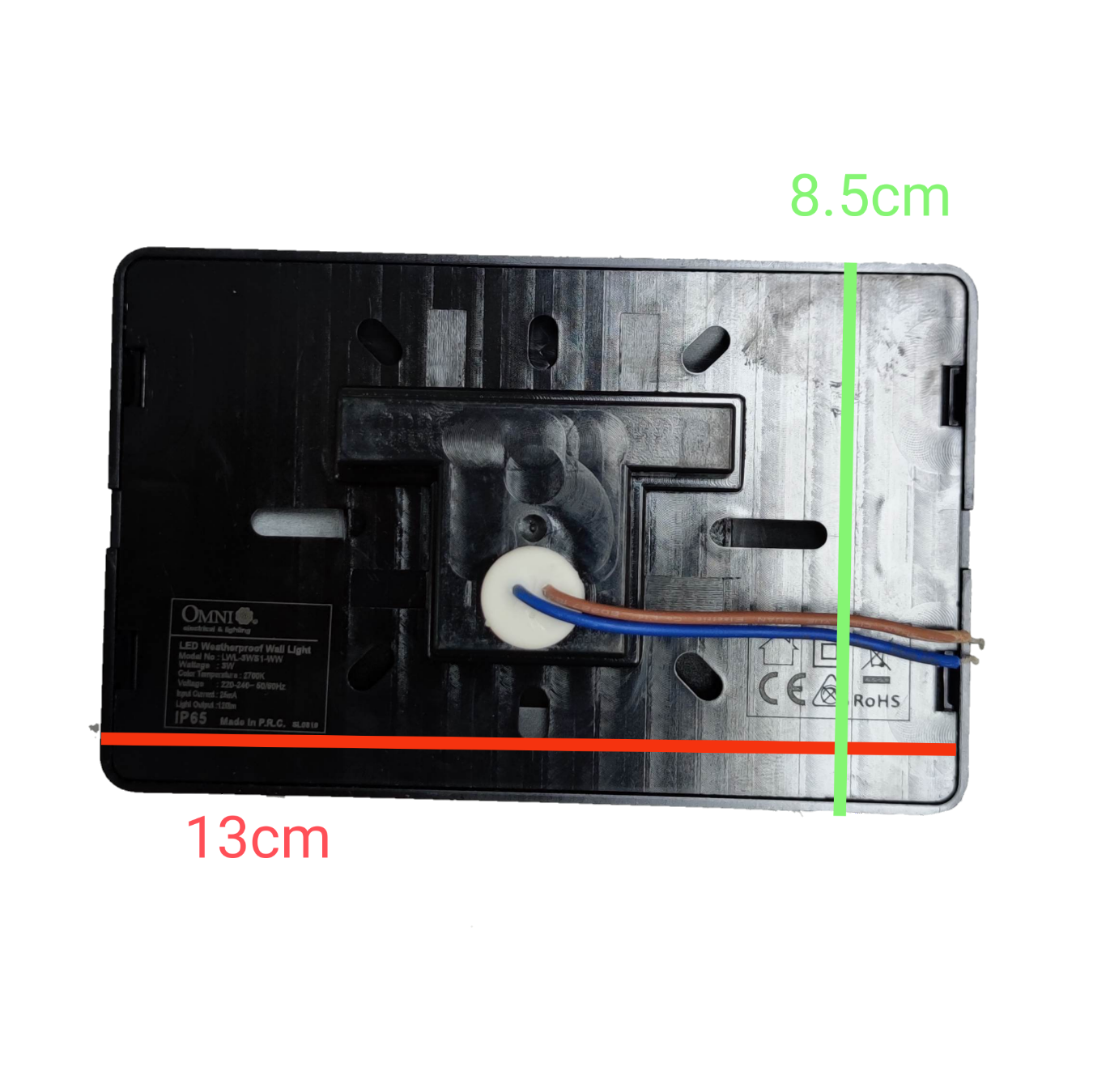 Omni LED wall light IP65 LWL-3WS1-WW back view with wiring and mounting dimensions of 8.5cm by 13cm
