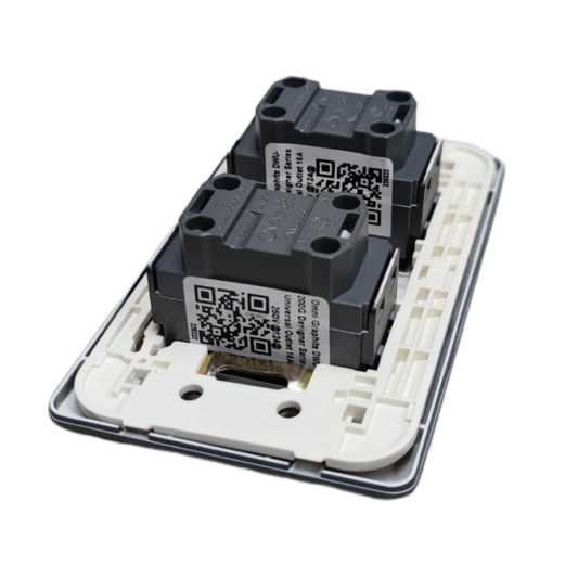 Back view of Omni 2 gang universal outlet dual module assembly with QR code labels and mounting frame
